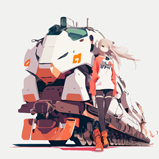 Anime style honkai and a train, minimalistic, flat, vector design, white background