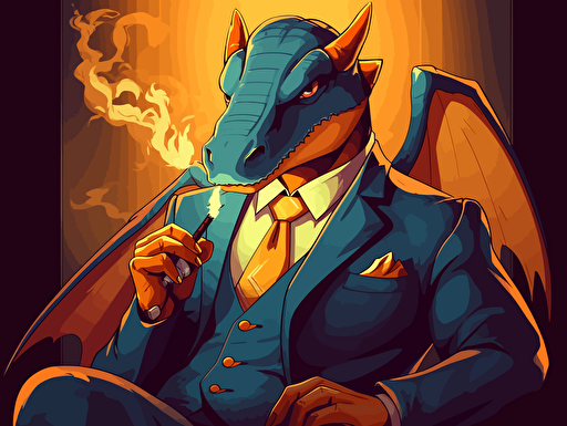 charizard wearing a business suit, smoking a big cigar, vector art, 2d,