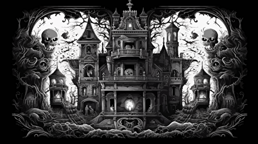 rug design for a spooky mansion, vector, black and white, bordered, fill frame