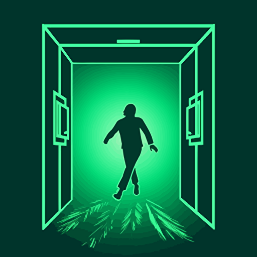 emergency exit sign in the square, 2D, the style of simplistic vector art, careful framing, energetic movement, dynamic pose, green academia, emerald
