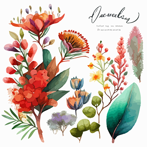 A collection on TRANSparent background with australian native flowers, watercolour, vector, clipart, intricate, ultra