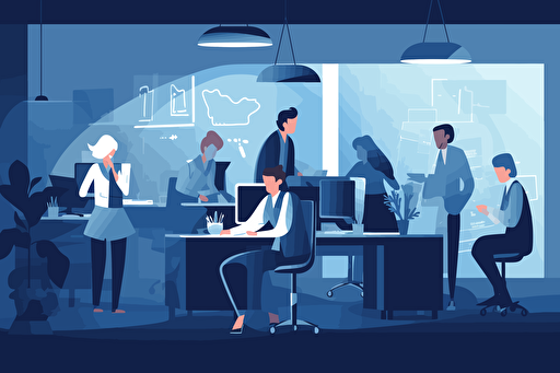 People in an office committing hate crimes, flat style illustration for business ideas, flat design vector, industrial, light and magical, high resolution, entrepreneur, colored cartoon style, light indigo and dark indigo, cad( computer aided design) , white background