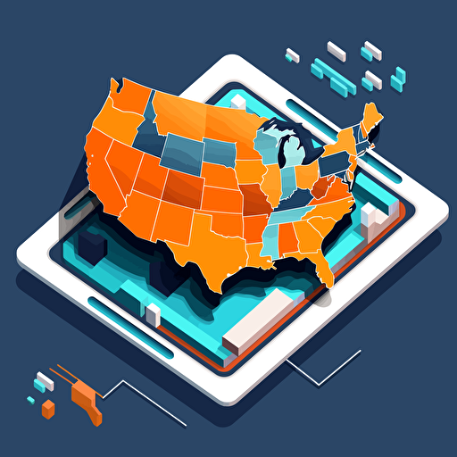 flat vector icon, ruggedized tablet ontop of a map of the united states, blue and orange and white and dark gray, isometric