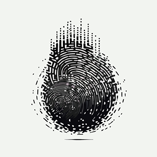 a pixelated futuristic iconic logo of a fingerprint made of circuitry, black vector on white background.