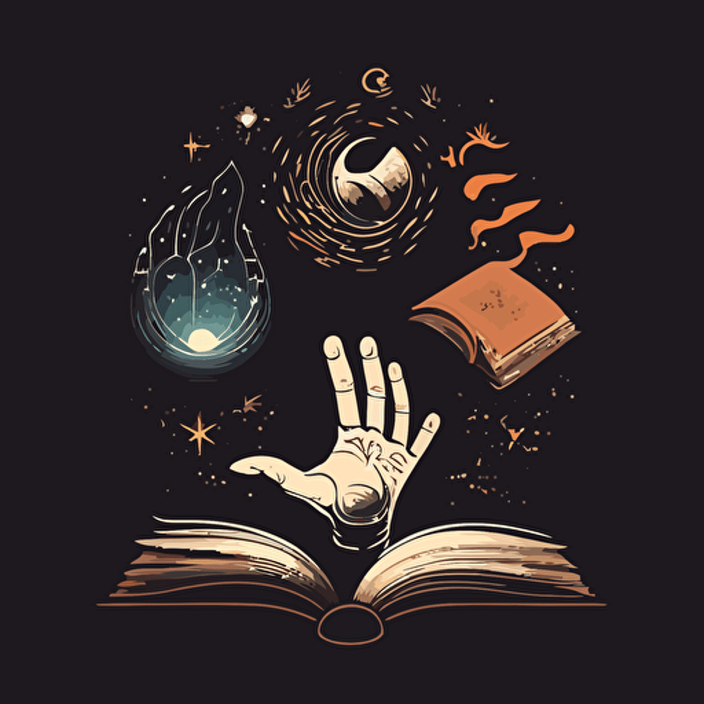 magical hands, black hand, brown hand, white hand, reaching for magical book, vector art for logo