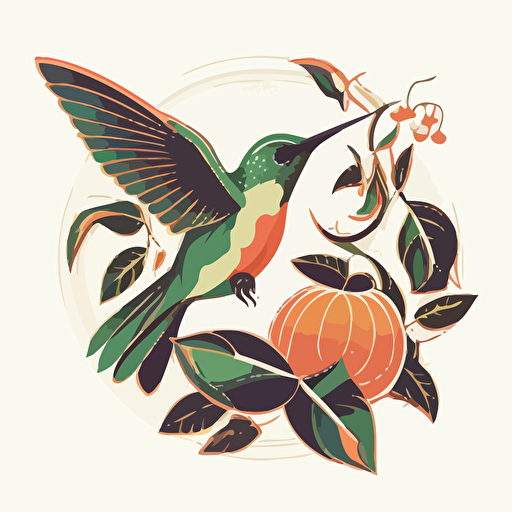 Pop Art Deco Hummingbird, Vector, Logo, minimal, green, pink, orange , floral, fruits