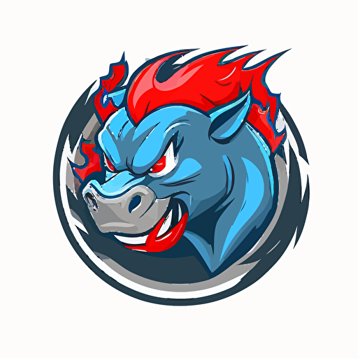 Logo for Bosco company, blue grey red, Circular tyre burning rubber blue flame, warthog, side shot, cartoon eyes, friendly but focused, wry smile, vector logo, vector art, emblem, simple, cartoon, 2d