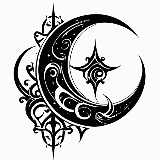vector logo of a crescent moon and star, somewhat resembling the shape of an anchor, in black and white