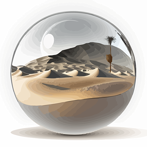 mirror ball reflecting a desert landscape in a white space, cell shaded, vector art