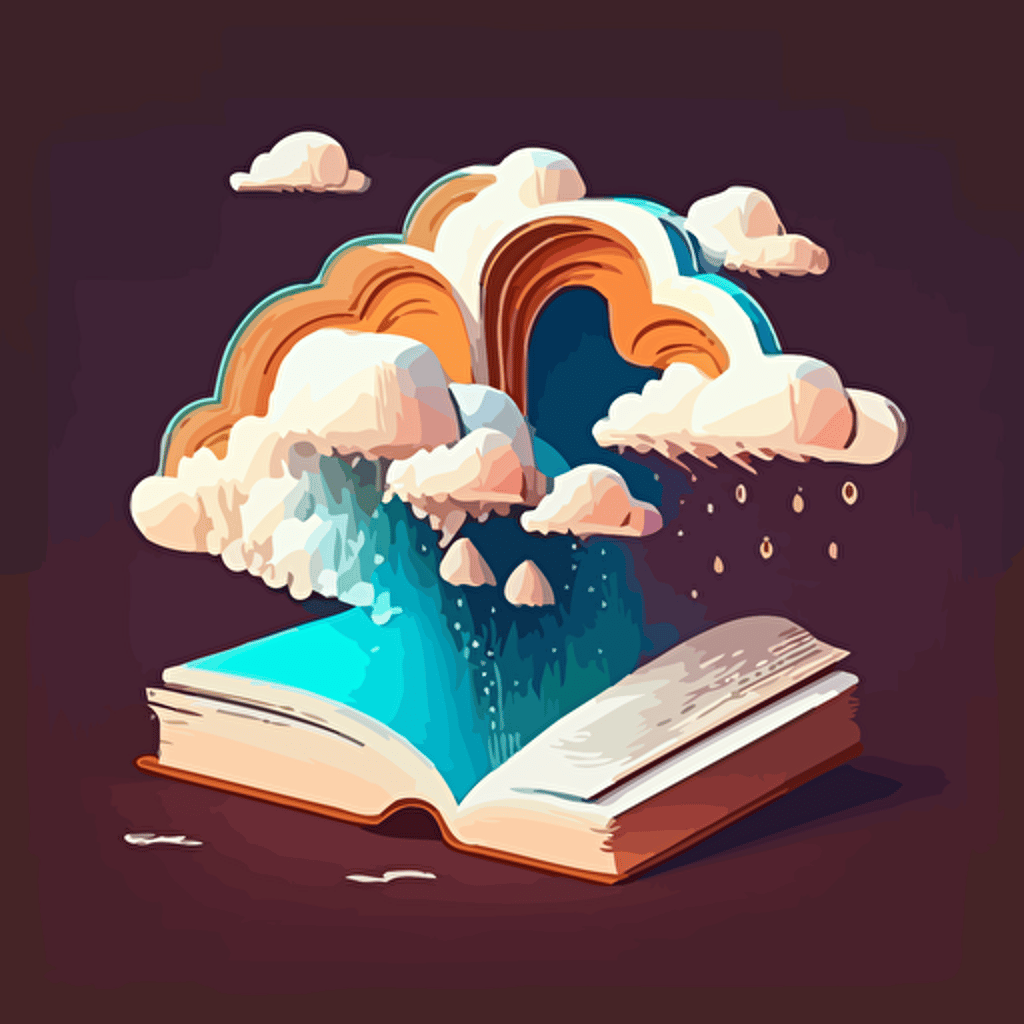 a dream-like cloud growing out of a book, illustration style, low angle, flat art, vector, imagination