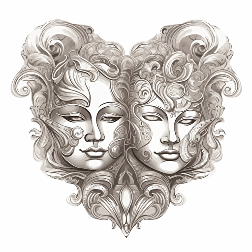 design for two theatrical masks, illustration, detailed, barroque, art, vector, white background,