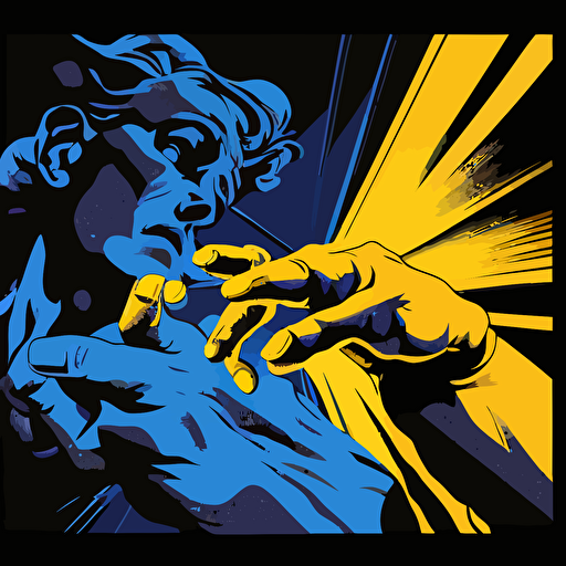 Create a captivating vector illustration that depicts a hand in the profile position, reminiscent of Michelangelo's iconic "Creation of Adam," as it enters the digital world. Use modern and dynamic art style with vivid blue and yellow tones contrasted with dark black tones. Play with dramatic lighting to highlight the division between the real and virtual realms, with the hand reaching towards the digital world. Capture a close-up shot of the hand, creating a dynamic composition that conveys the excitement and tension of the fusion between the physical and digital realms.