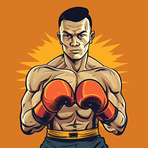 muay thai fighter, simple vector, fight, sixpack, boxing gloves, cartoon style
