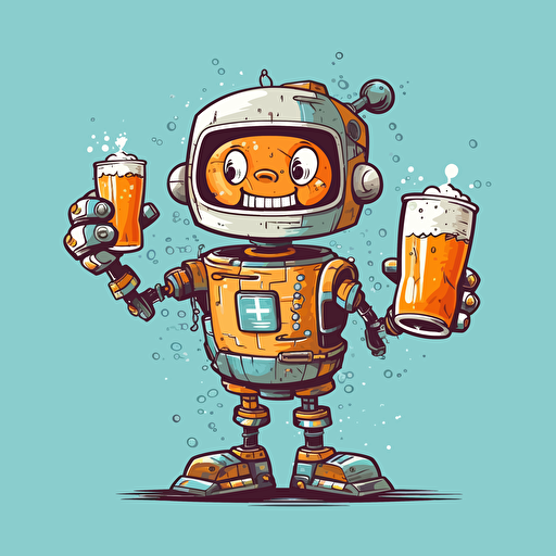 cute happy robot holding a beer, coastal, cartoon graffiti, vector