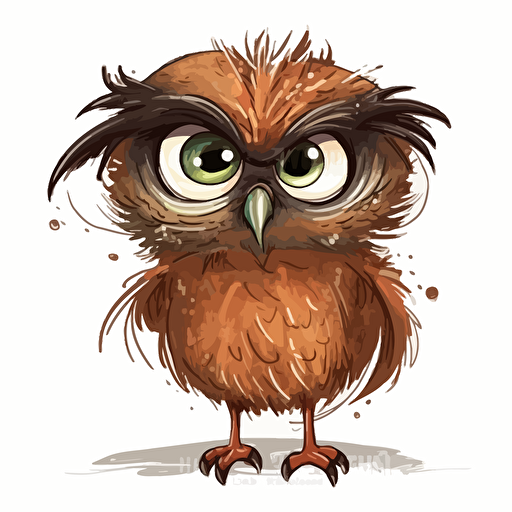 grumpy messy little owl, in style of young children's book, vector, isolated on white
