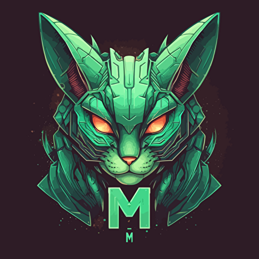 Logo, Menacing, Letter M, Mecha Cat, Sphynx, Green Glowing Eyes, Big Ears, Triangle Base, Vector Style,
