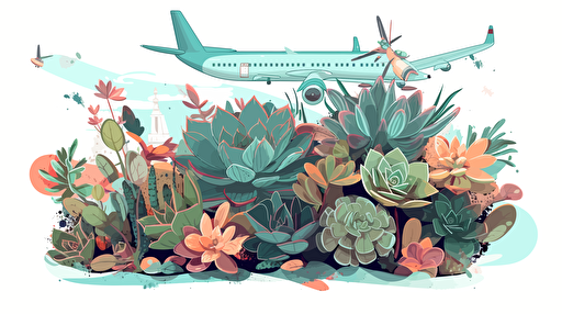 echeveria and succulents on flying airplane, flat color, vector illustration, for blog thumbnail image, simple, white background
