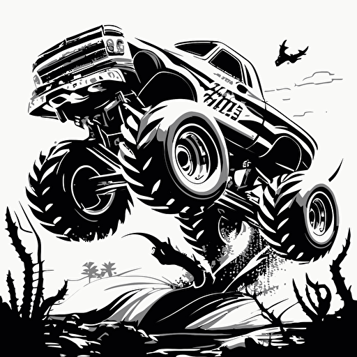 black and white Big Foot monster truck flying over a jump, vector clip art style no textures not much detail