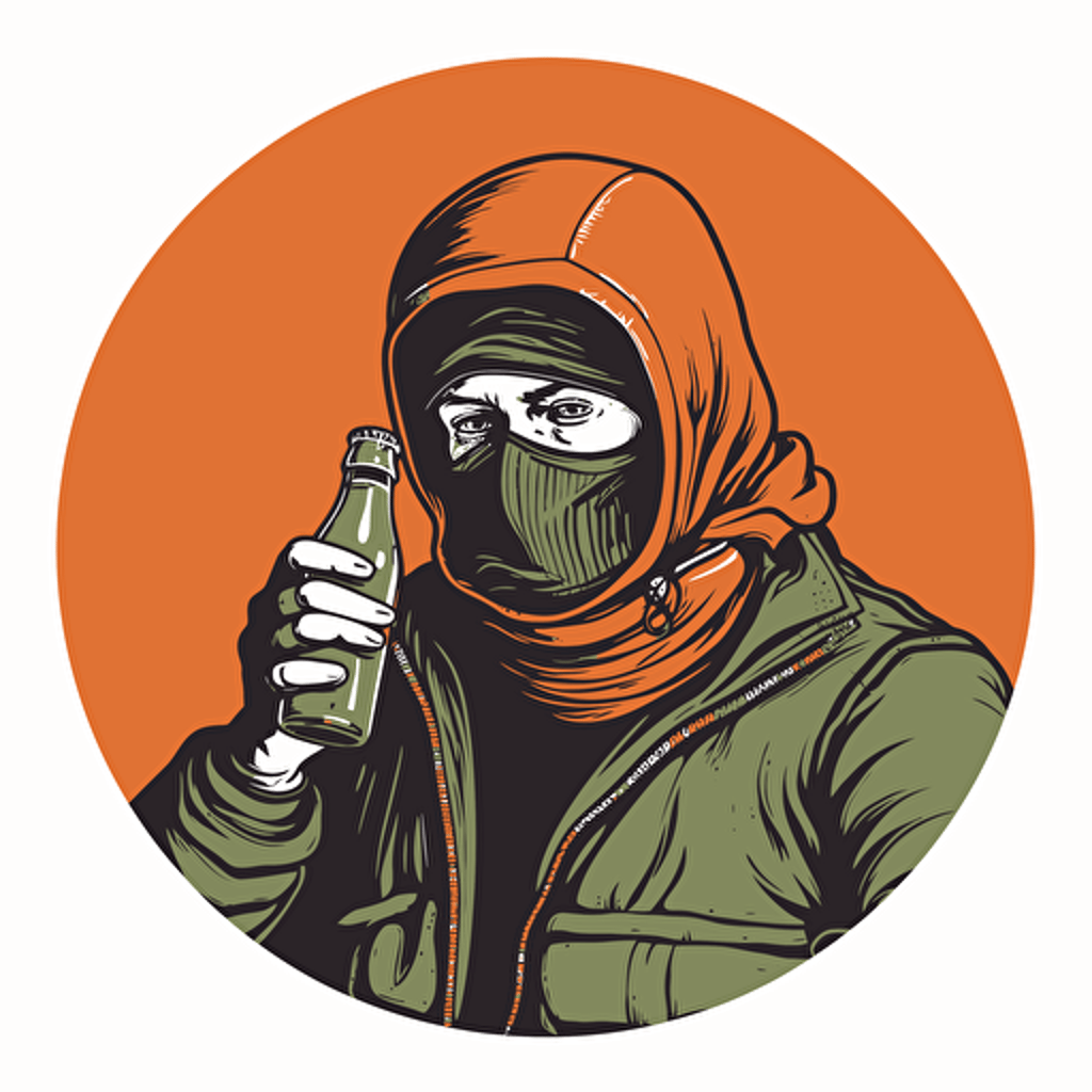 vector round sticker man 70's with balaclava and bottle in hand