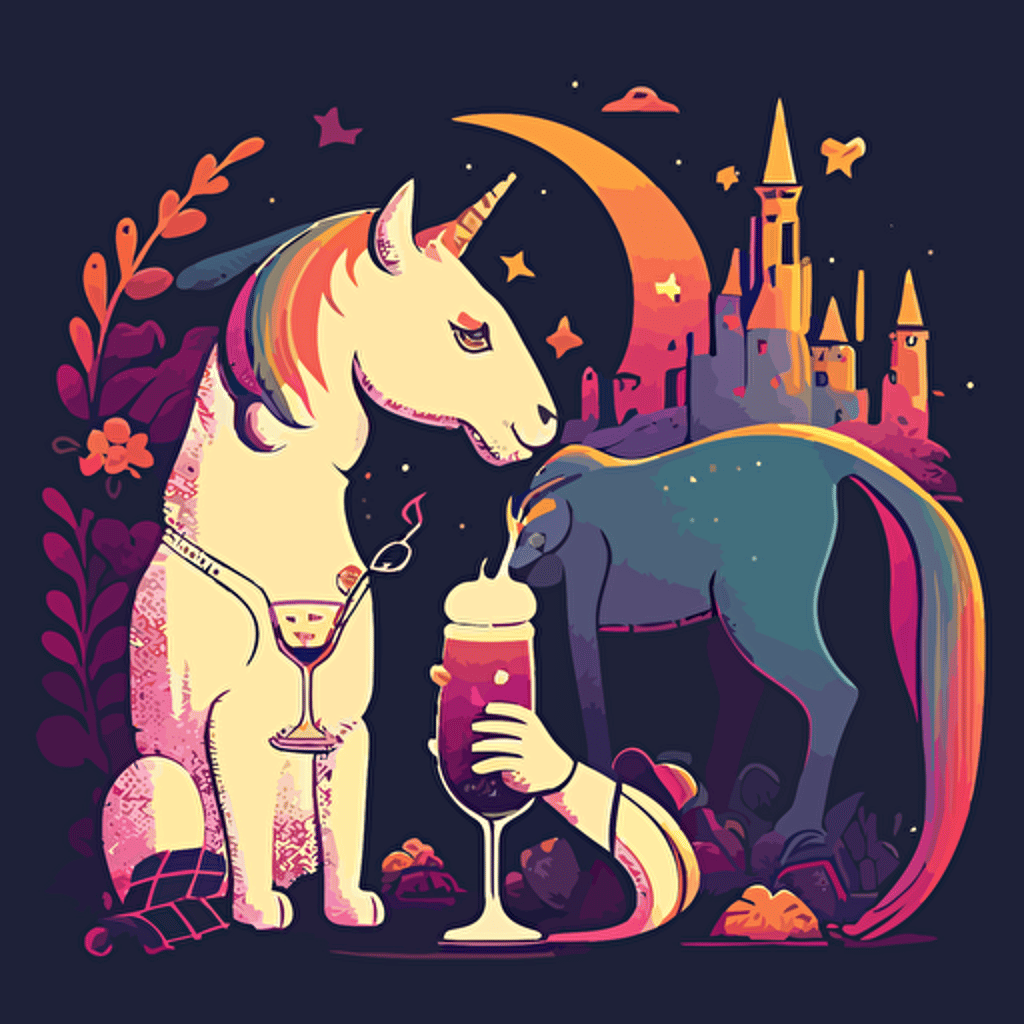 vector style art a cat and a unicorn drinking beer together in front of a candy kingdom