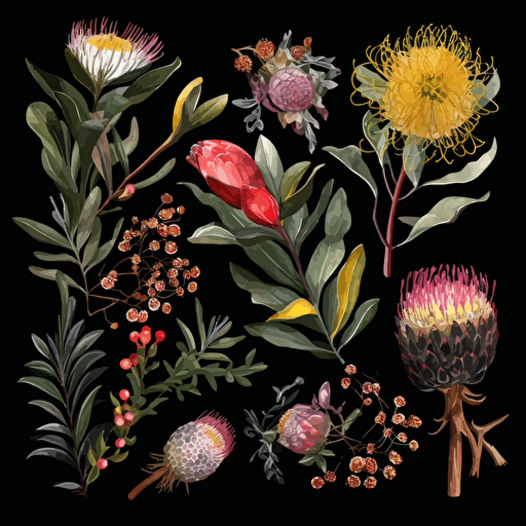 A collection on black with australian native flowers, watercolour, vector, clipart, intricate, ultra-detailed, vivid colours, high definition, UHD