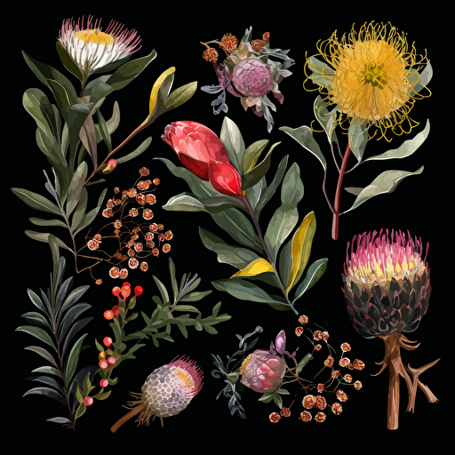 A collection on black with australian native flowers, watercolour, vector, clipart, intricate, ultra-detailed, vivid colours, high definition, UHD