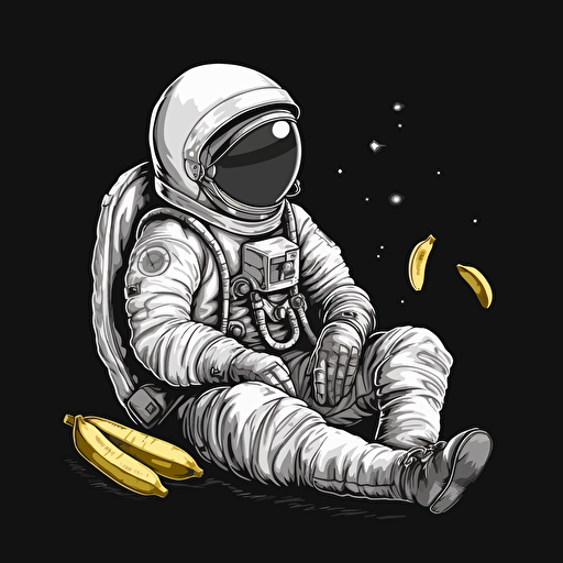 cartoonish astronaut peeling a banana, black background, white and grey, 2d vector, shadeless