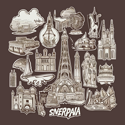 Spain attractions, vector sticker design, white outline, super crisp edges