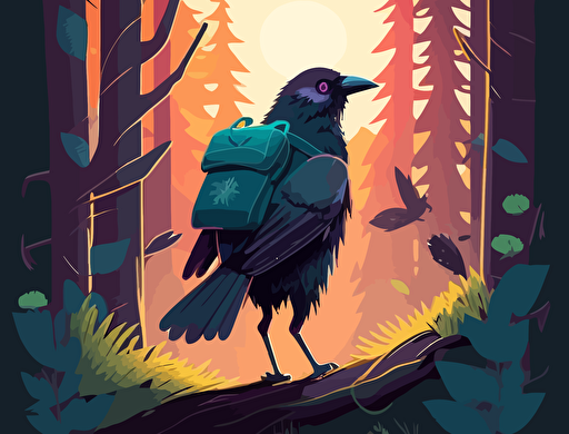raven hiking along a forest trail. Backpack, forest, mountains, sunlight, happy. Cute, vector, game design.