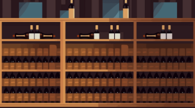 Slack like visualization of a small basement wine cellar with wooden cabinets along one wall wine rack are floor to ceiling with bottles held horizontally racks are back. Wooden boxes filled with wine bottles can be found in the wine rack.