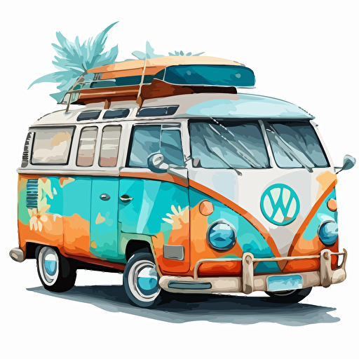 a watercolor disney style vector illustration of a Hawaiian themed volkswagon bus with a surfboard on the roof, turquoise, blue and orange with a white background
