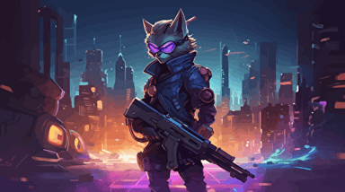 anthropomorphic futuristic alien Space Cat dressed in sophisticated sci-fi battle gear with laser sword exploring a mysterious planet, surrounded by ancient ruins with a space ship behind in the distance::5 cartoon style::4 vivid palette, vector art, defined thick black edges, high-quality, unique, futuristic, attention to detail, blue and purple backlit::3