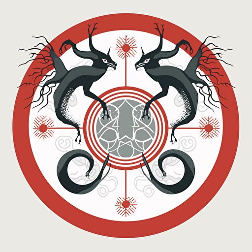 A clear depiction of a Hydra with three necks, each composed solely of basic geometric shapes, including circles, triangles, and squares, set against a white background, modern and minimalist ambiance, Vector art, using only basic shapes in Adobe Illustrator,