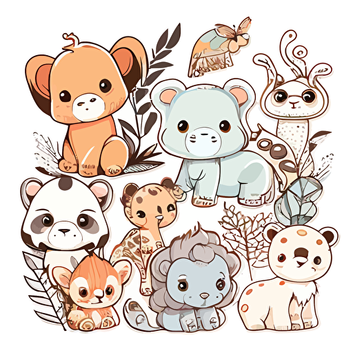 baby animals, Sticker, Lovely, Pastel, Disney Pixar, Contour, Vector, White Background, Detailed