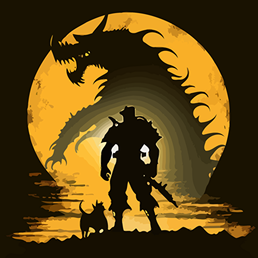 vector art of warrior standing in front of dragon, big sun behind and the dragon is silhouette