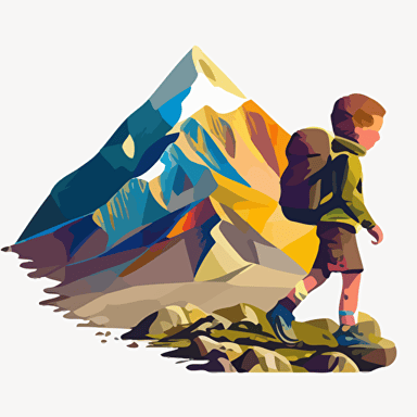 2d vector illustration with a transparent background. A young boy on a journey up a mountain. 4 colors. 1:1 scale.