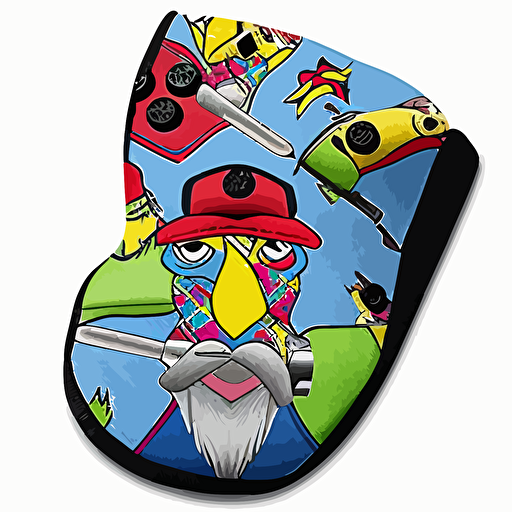 Scotty cameron putter cover of funny, angry old Scottish man face only with beard and golf hat, birds, playful, brightly coloured, vector, solid colour