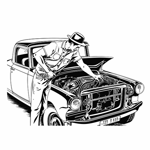 a mechanic working under the hood of a classic car, black and white design, vector isolated on white
