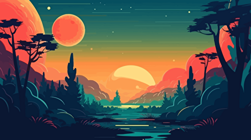 a jungle planet, floating in space, hazy atmosphere, orange and green colors, vibrant, flat vector illustration