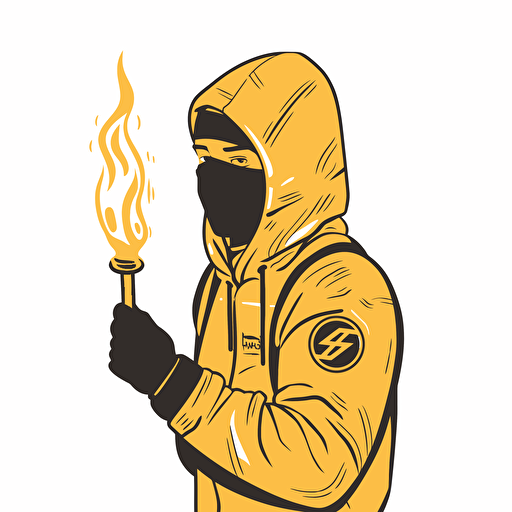 2d vector icon. a Arsenal FC ultra supporter is holding a golden flare torch. Supporter is wearing a stone island jacket and a balaclava.