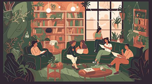 vector art of young 20 to 30 year old people inside a coliving space, men and women having fun and laughing, plants, books