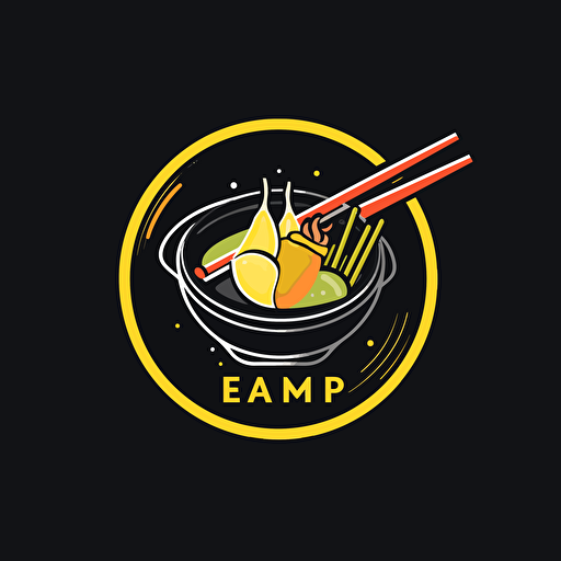 Simple logo design of hot pot restaurant, Hotpot with fish and meat inside, a pair of chopsticks, flat 2d, vector, company logo, by Kazi Mohammed Erfan, yellow color, black background