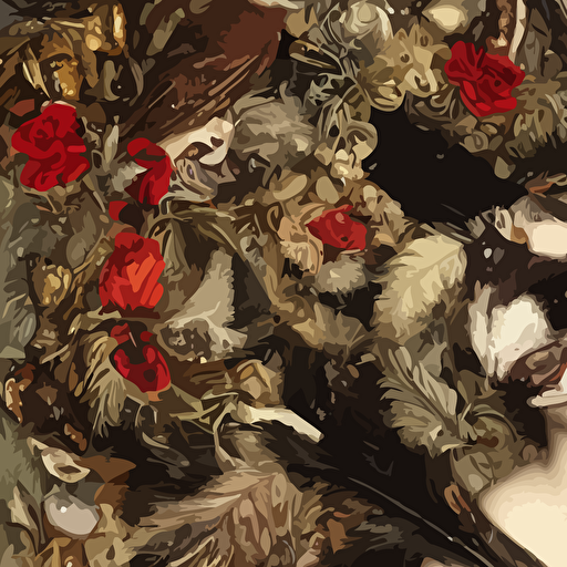 detailed maximalist portrait cracked porcelain skin dark doe eyes small rosebuf mouth feather milk beetles cicadas fox fur weasels humminbirds crows hd mixed media 3d collage highly detailed intricate surreal illustration style caravaggio dark art baroque
