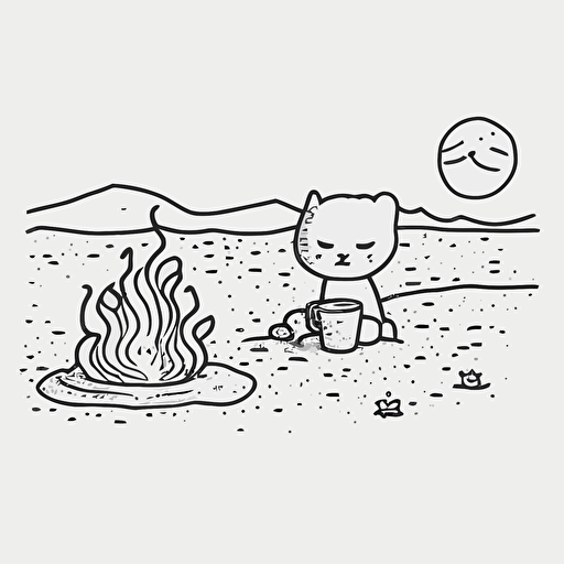 beach with cat, fire, coffee shop cute starbucks logo cartoon, minimal, line, NO COLOR, one line, black ink, vector, white background