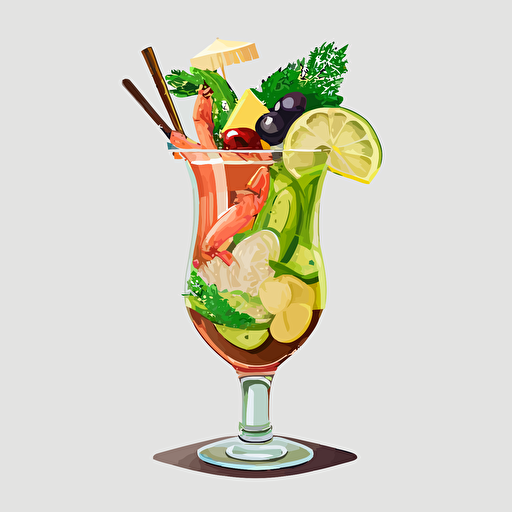 caesar cocktail glass, full color illustrated vector with no background, have an olive, shrimp, pickles, celery, lemon, cheese in the cocktail glass on top