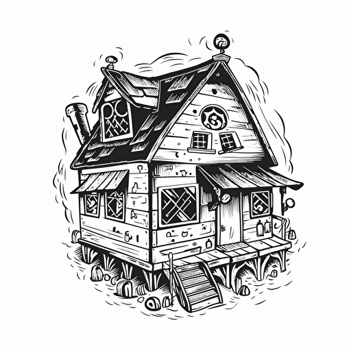 cabin for board game addicted people, logo:3, black white drawing, vector