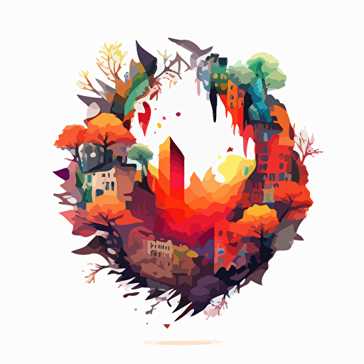 a 360°C geometric shape that explodes with an imaginary city inside. Nature is represented. Vector and childish style. Very colored. white background without shadow.