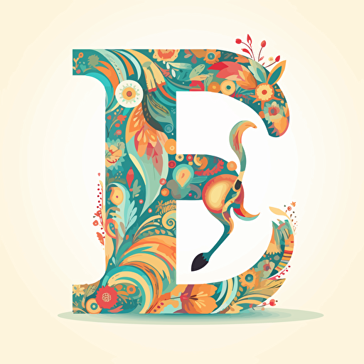 The letter "e" made from cheerful logo, with unicorn, vector style, cartoon, mandalacolor,white background,2d