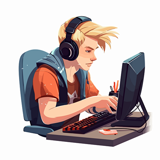 logo vector blond male student gaming on a keyboard mouse desktop pc and a monitor with his headphones on
