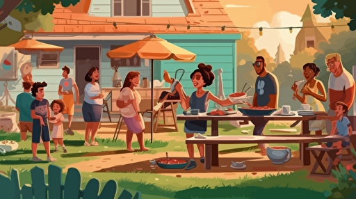a oil painting vector black family picnic, picinic tables, someone cooking on the barbeque grill, bounce house in the background, bbq food on the tables, kids running around, adult plaing cards,